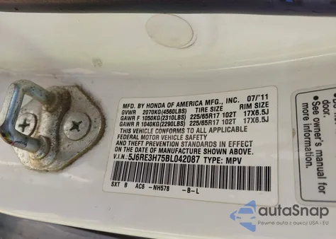 2011 Honda Cr-V Ex-L from USA, damaged, VIN 5J6RE3H75BL042087